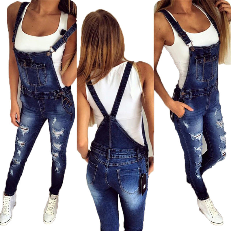 Women's Bib Overalls Jeans Sleeveless Ripped Denim Jumpsuit