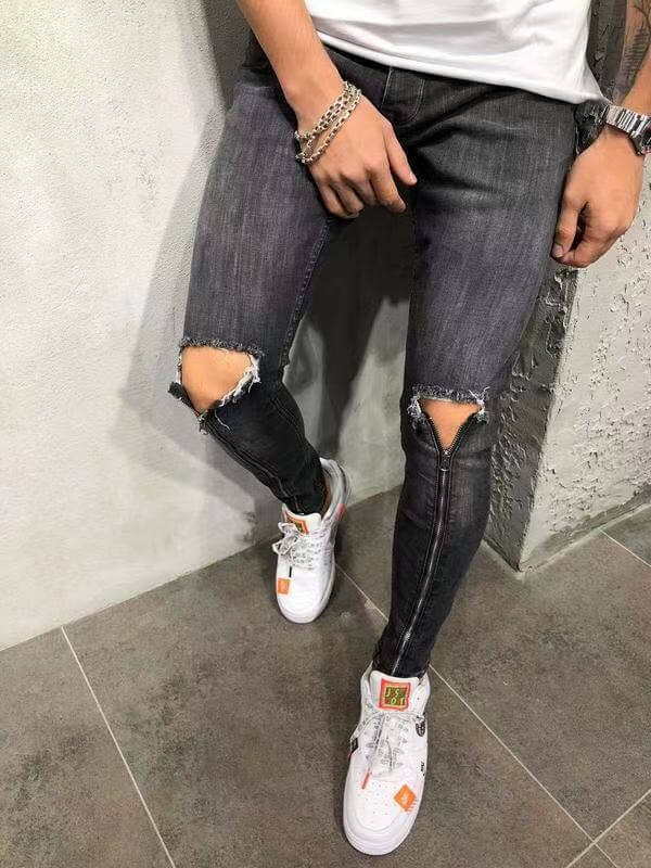 Zipper Men's Ripped Jeans Slim Skinny Mid Waist Pencil Pants