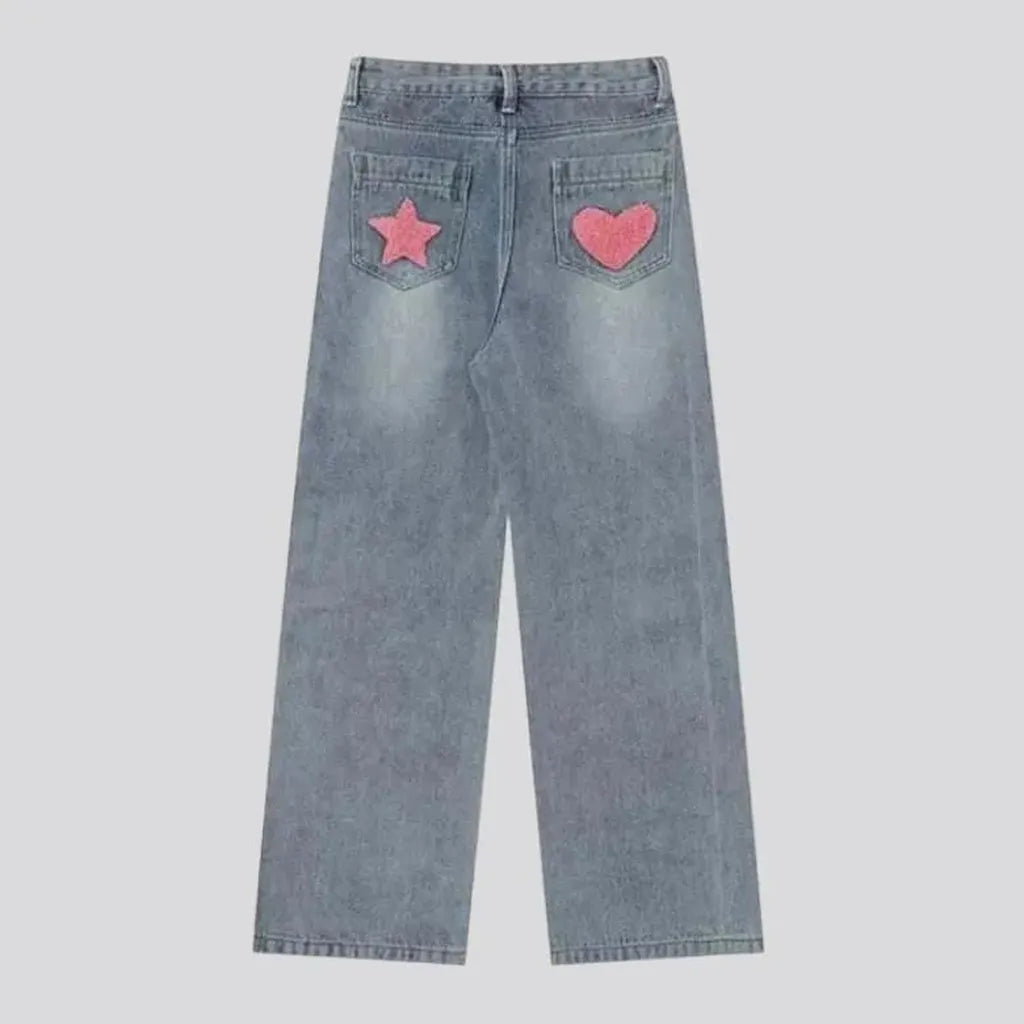 Y2k pink-embroidery jeans for women