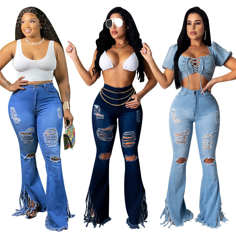 Women's Ripped Jeans High Waisted Jeans Flare Bell Bottom Jeans