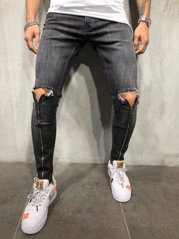 Zipper Men's Ripped Jeans Slim Skinny Mid Waist Pencil Pants