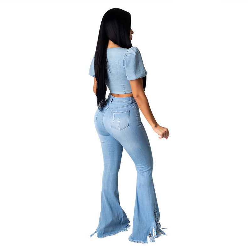 Women's Ripped Jeans High Waisted Jeans Flare Bell Bottom Jeans