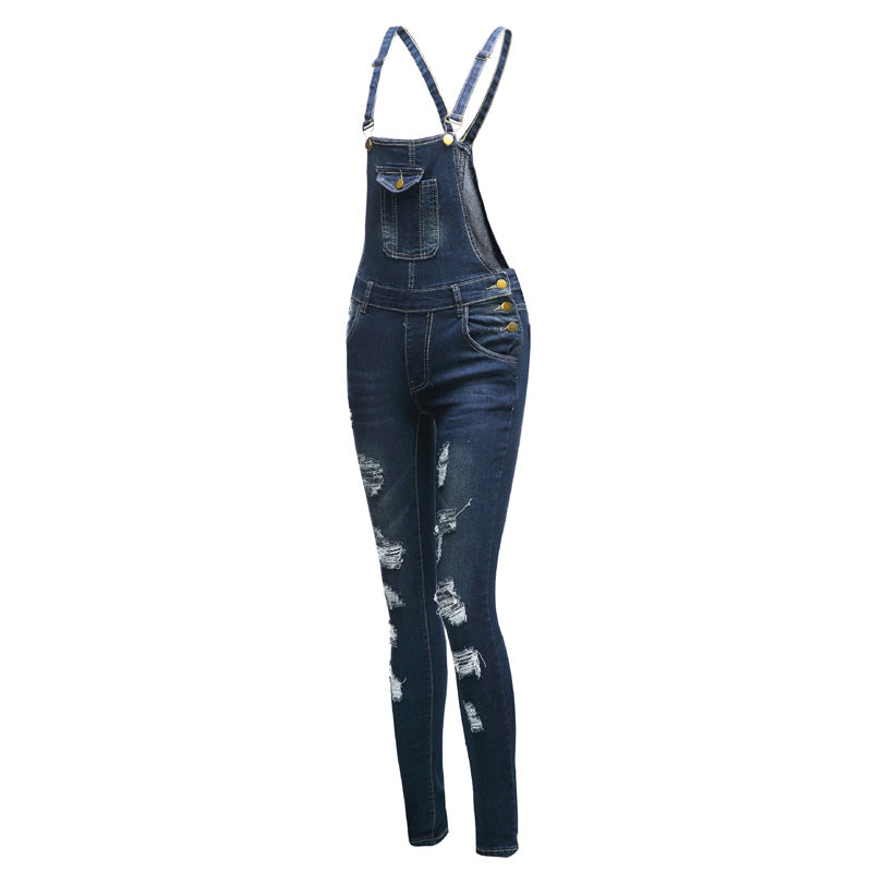 Women's Bib Overalls Jeans Sleeveless Ripped Denim Jumpsuit