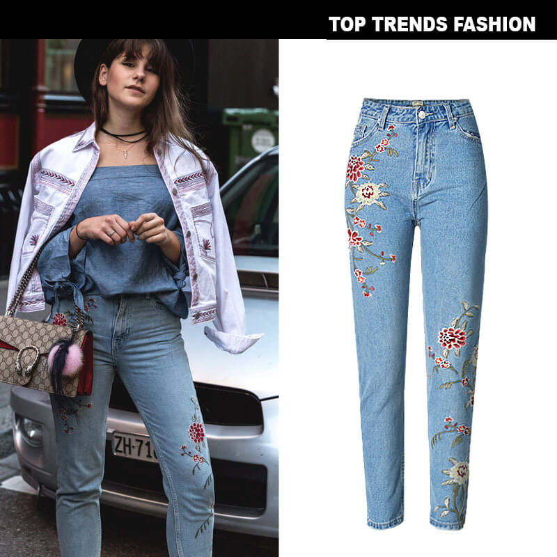 Women's Jeans Ninth Pants Embroidered Jeans High Waist Pencil Pants