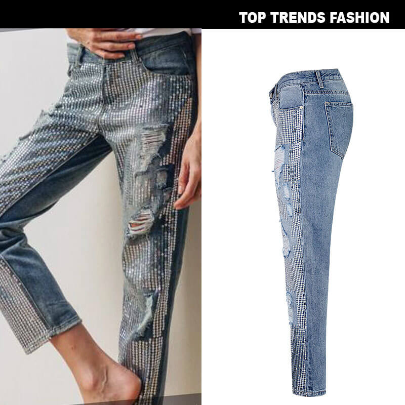 Women's Ripped Jeans Sequined Mid Waist Wide Leg Straight Pants