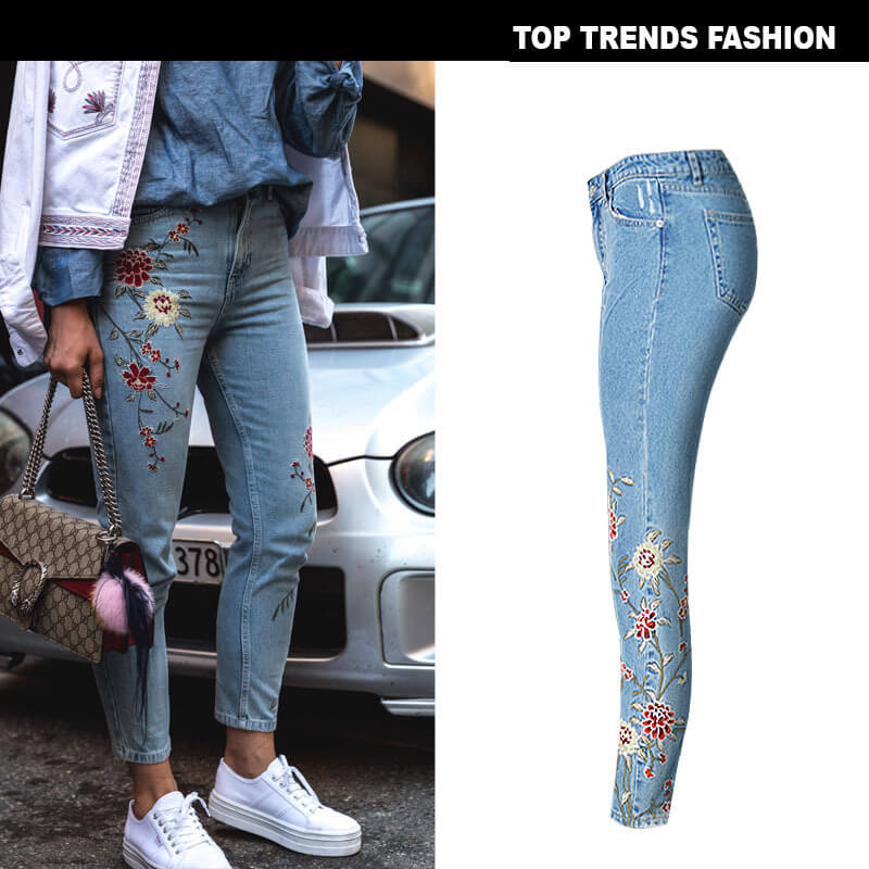 Women's Jeans Ninth Pants Embroidered Jeans High Waist Pencil Pants