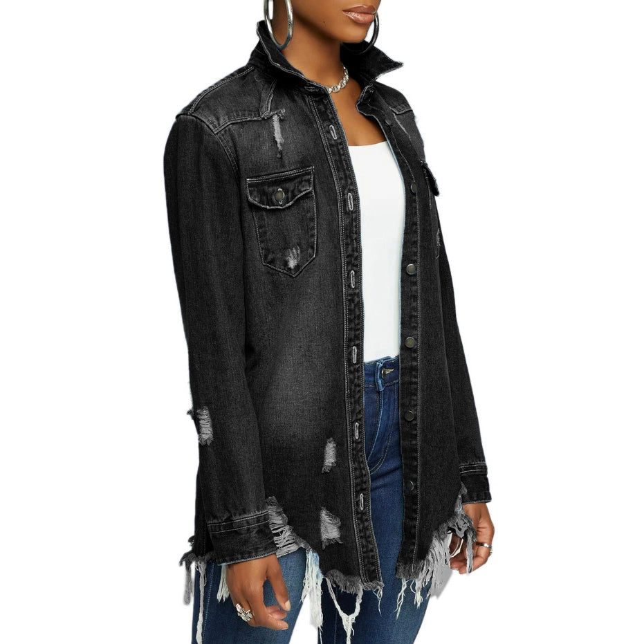 Women's Distressed Autumn Loose Long Denim Jean Trucker Jacket