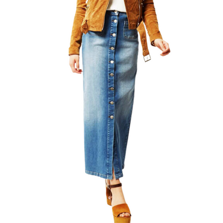 Women's Slim Fit Style Middle-length Denim Skirt With Front Slit