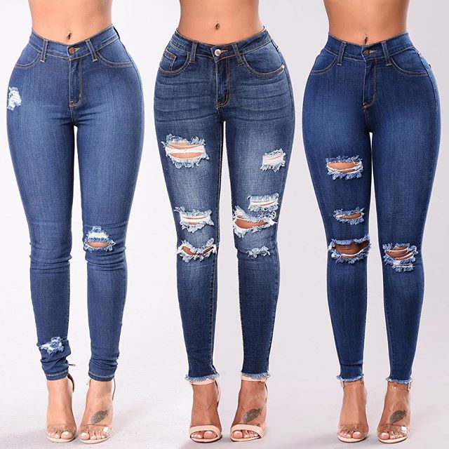 Women's Ripped Jeans Mid Waist Skinny Pants Pencil Pants