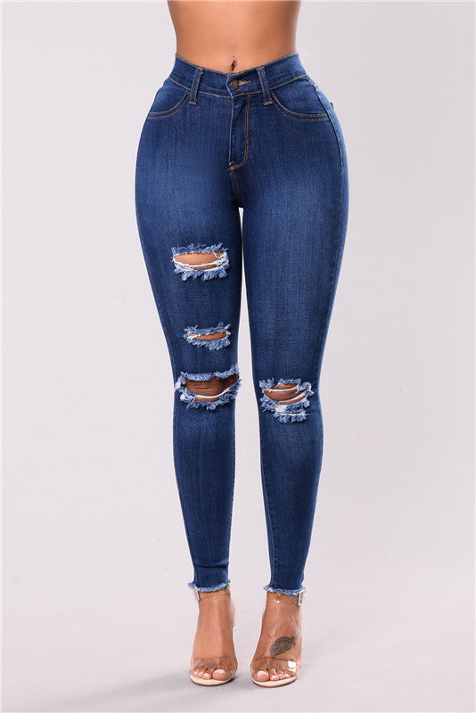 Women's Ripped Jeans Mid Waist Skinny Pants Pencil Pants