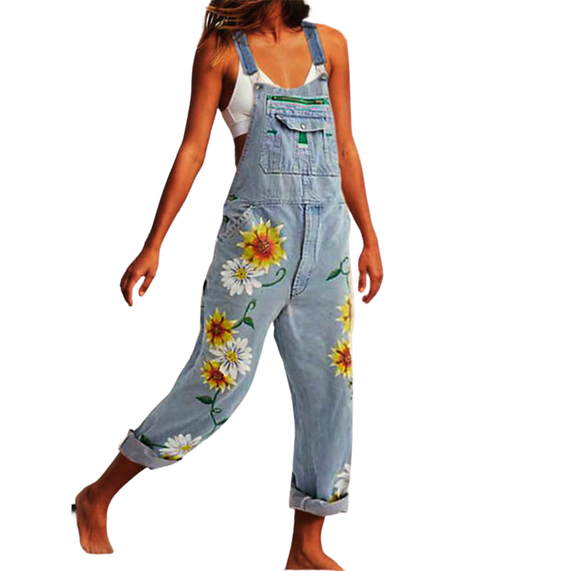 Women's Loose Baggy Printing Denim Bib Overalls Jumpsuit Harem Pants