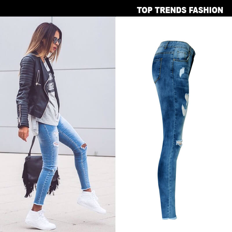 Women's Ripped Jeans Elasticity High Waist Pencil Pants Ninth Pants