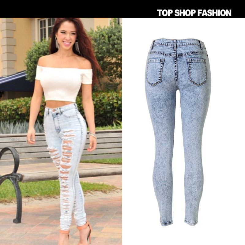 Women's Ripped Jeans Light Blue High Waisted Pencil Long Pants