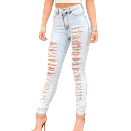 Women's Ripped Jeans Light Blue High Waisted Pencil Long Pants