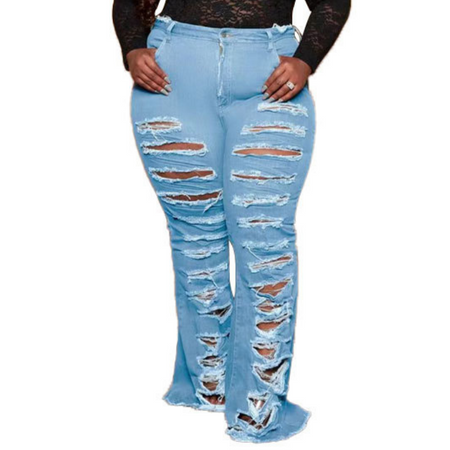 Young Plus Size Women's Ripped Stylish Flare Trousers Jeans