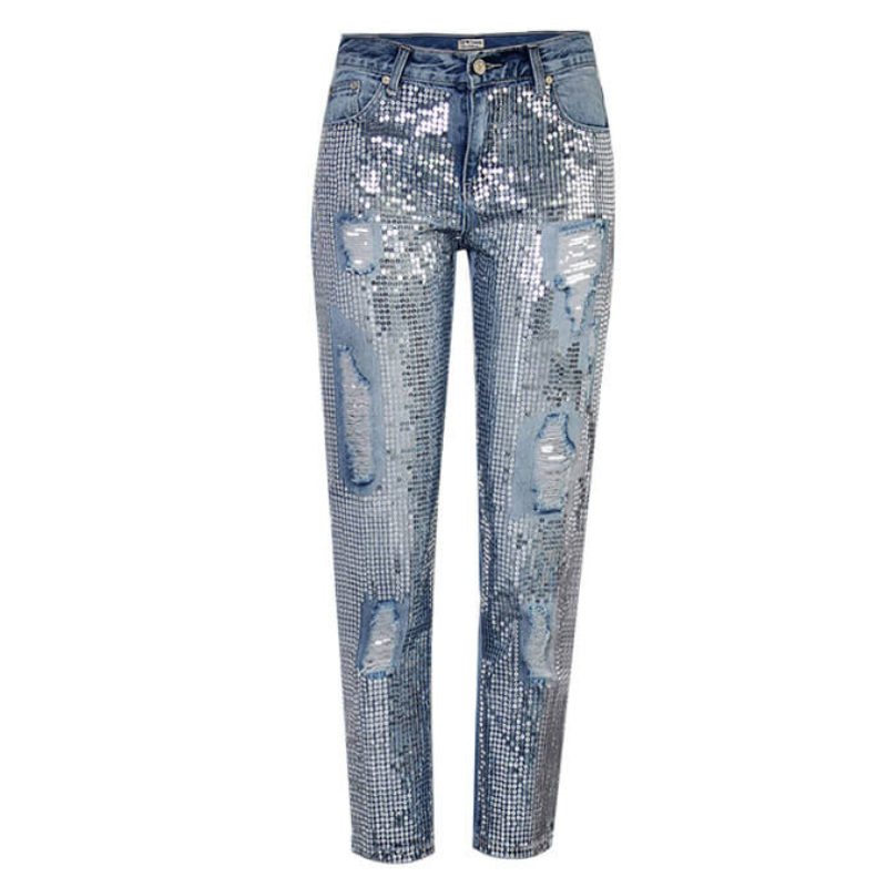 Women's Ripped Jeans Sequined Mid Waist Wide Leg Straight Pants