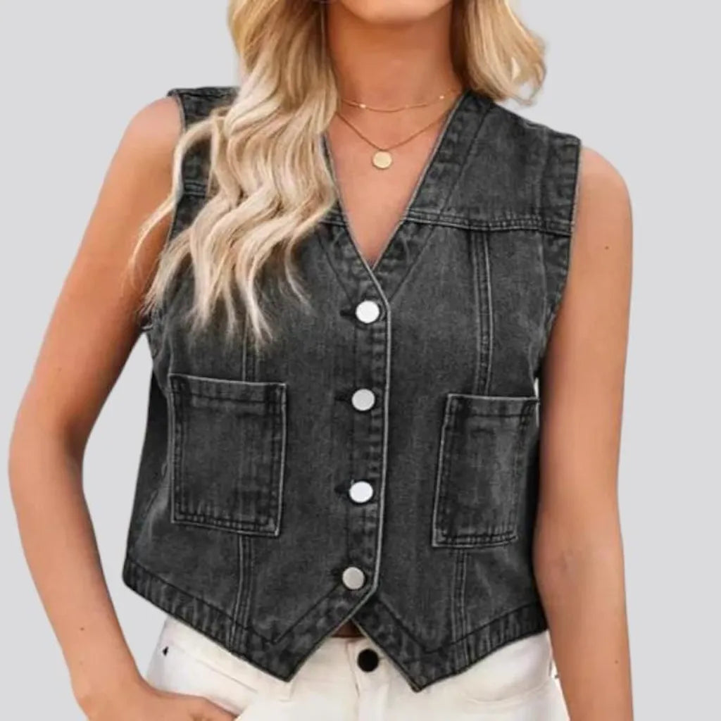 V-neck regular jean vest for ladies