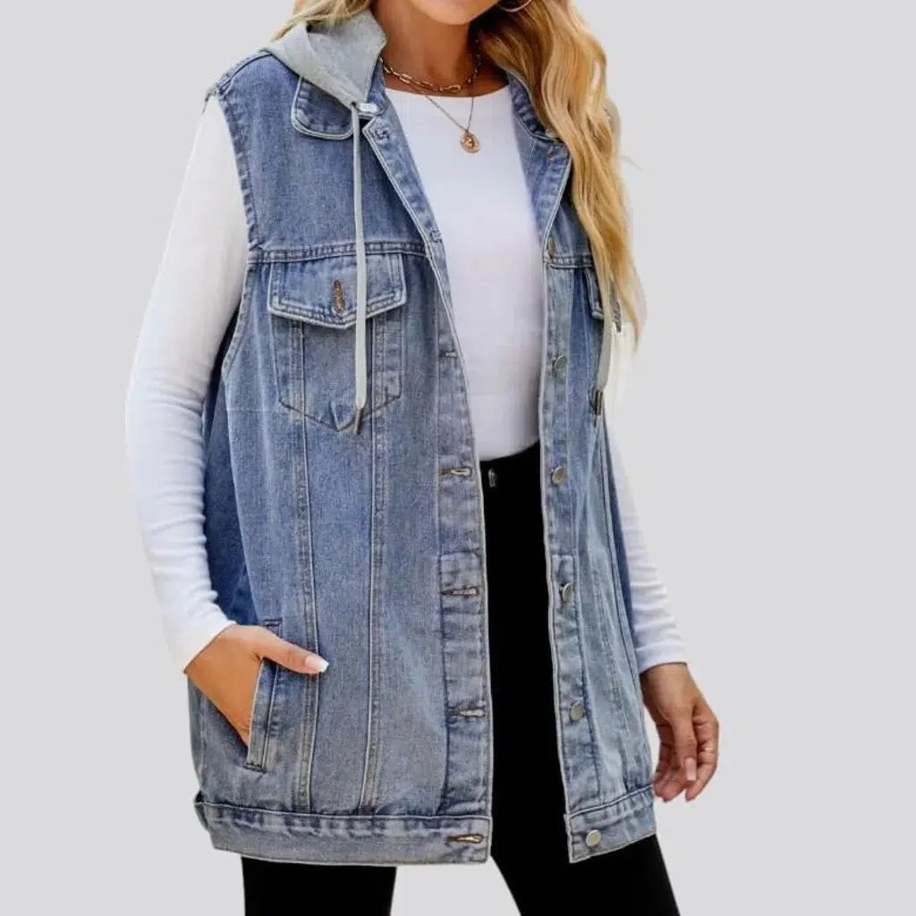 Mixed-fabrics hooded denim vest for women