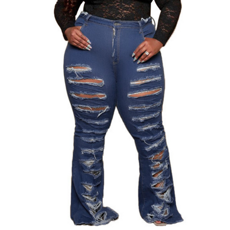 Young Plus Size Women's Ripped Stylish Flare Trousers Jeans