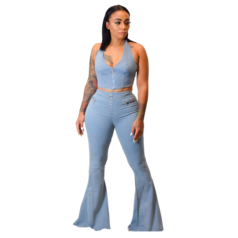 Womens Button Zipper Jeans Denim Flares Sexy Set Tops Pants Suit