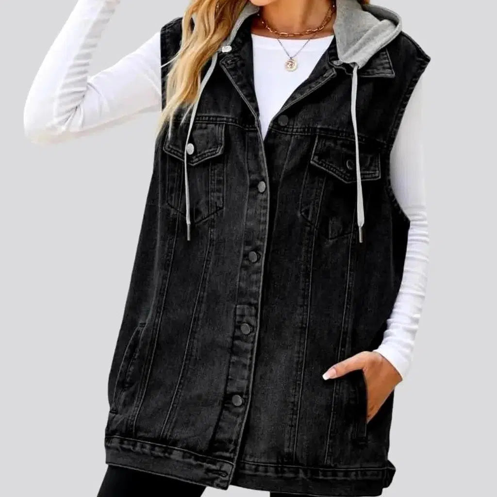 Mixed-fabrics hooded denim vest for women