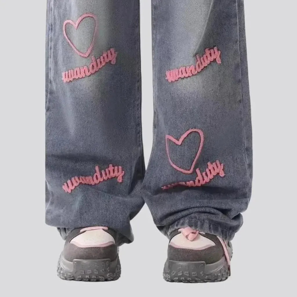 Y2k pink-embroidery jeans for women