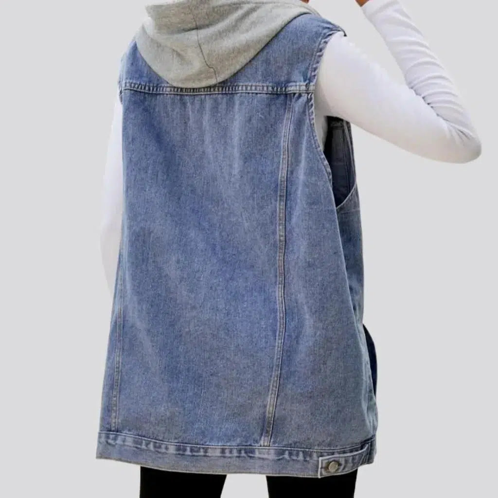 Mixed-fabrics hooded denim vest for women