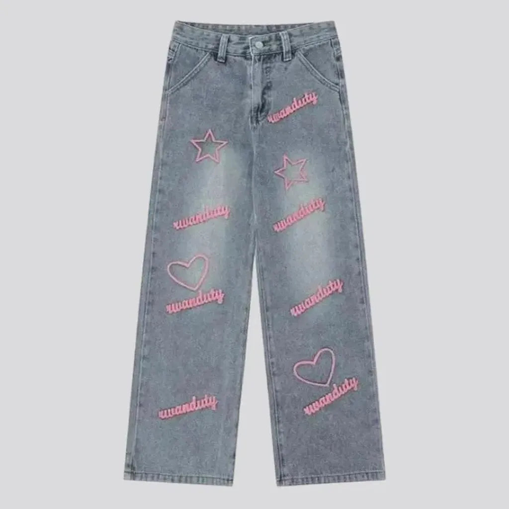 Y2k pink-embroidery jeans for women