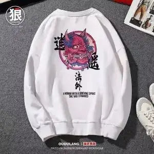 Japanese Funny Cat Wave Printed Fleece Hoodies Winter Japan Style Hip Hop Casual Sweatshirts Ghost Chinese Charater Streetwear