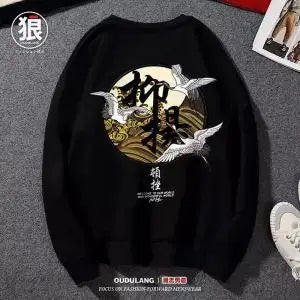 Japanese Funny Cat Wave Printed Fleece Hoodies Winter Japan Style Hip Hop Casual Sweatshirts Ghost Chinese Charater Streetwear