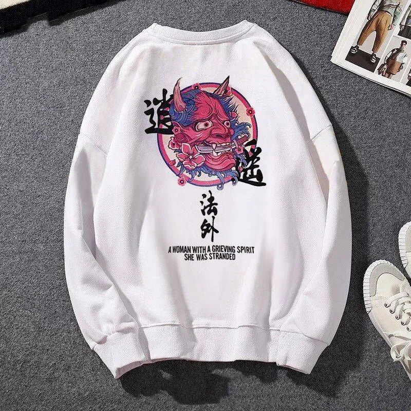 Japanese Funny Cat Wave Printed Fleece Hoodies Winter Japan Style Hip Hop Casual Sweatshirts Ghost Chinese Charater Streetwear