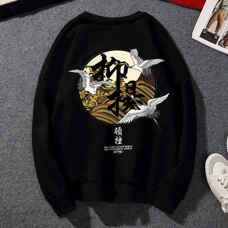 Japanese Funny Cat Wave Printed Fleece Hoodies Winter Japan Style Hip Hop Casual Sweatshirts Ghost Chinese Charater Streetwear