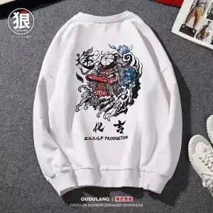 Japanese Funny Cat Wave Printed Fleece Hoodies Winter Japan Style Hip Hop Casual Sweatshirts Ghost Chinese Charater Streetwear