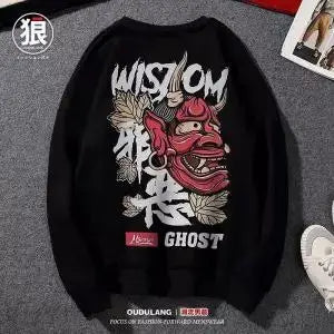 Japanese Funny Cat Wave Printed Fleece Hoodies Winter Japan Style Hip Hop Casual Sweatshirts Ghost Chinese Charater Streetwear