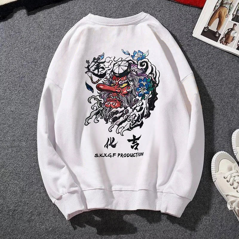 Japanese Funny Cat Wave Printed Fleece Hoodies Winter Japan Style Hip Hop Casual Sweatshirts Ghost Chinese Charater Streetwear