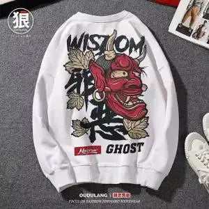 Japanese Funny Cat Wave Printed Fleece Hoodies Winter Japan Style Hip Hop Casual Sweatshirts Ghost Chinese Charater Streetwear