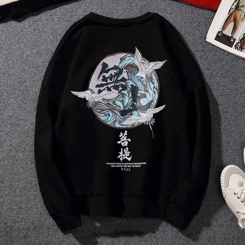 Japanese Funny Cat Wave Printed Fleece Hoodies Winter Japan Style Hip Hop Casual Sweatshirts Ghost Chinese Charater Streetwear