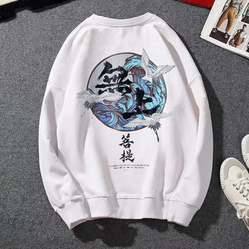 Japanese Funny Cat Wave Printed Fleece Hoodies Winter Japan Style Hip Hop Casual Sweatshirts Ghost Chinese Charater Streetwear