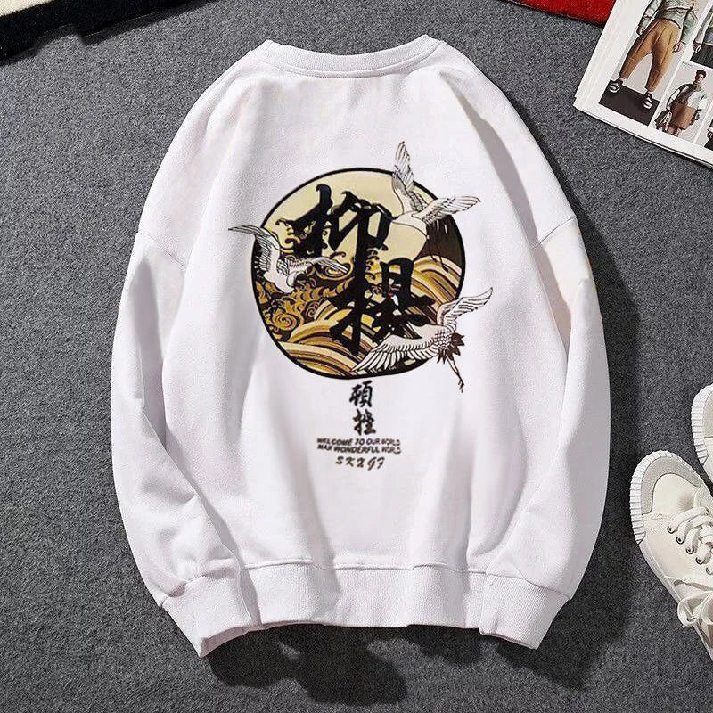 Japanese Funny Cat Wave Printed Fleece Hoodies Winter Japan Style Hip Hop Casual Sweatshirts Ghost Chinese Charater Streetwear