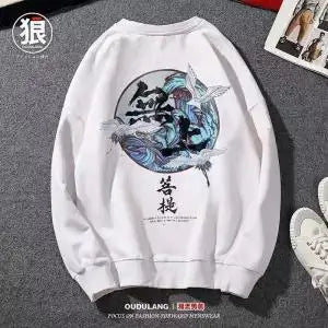 Japanese Funny Cat Wave Printed Fleece Hoodies Winter Japan Style Hip Hop Casual Sweatshirts Ghost Chinese Charater Streetwear