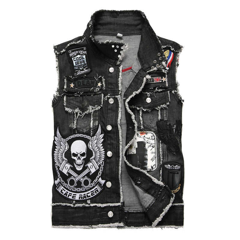 Men's Wash Denim Waistcoat Skull Embroidery Sleeveless Denim Vest