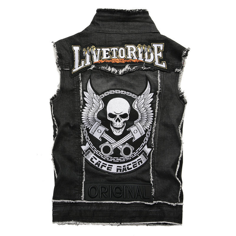 Men's Wash Denim Waistcoat Skull Embroidery Sleeveless Denim Vest