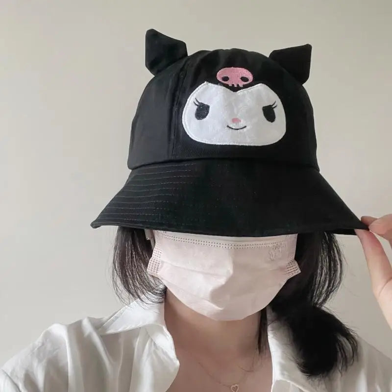 56-58Cm Sanrios Kawaii Cute Kuromi Cartoon Cotton Black Fisherman Hat Sun Hat Sunscreen Windproof Adjustable