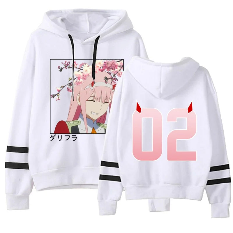 New Hot Zero Two Hoodies Fashion Striped Long Sleeve Hooded Pullover Casual Anime Harajuku Sweatshirt