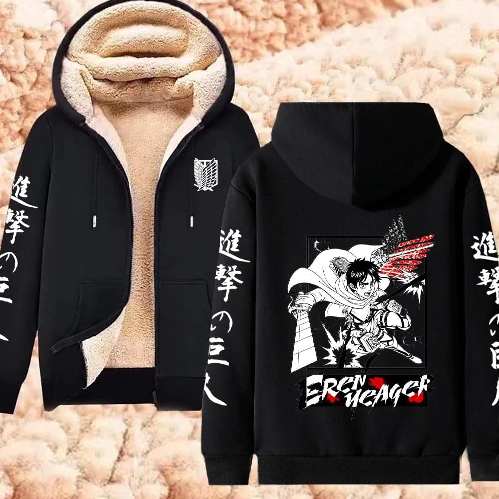 Winter Warm Hoodie Attack on Titan Hoodies (2)  Anime  Zipper Jackets Lambswool Thermal Sweatshirts Streetwear Plus Size