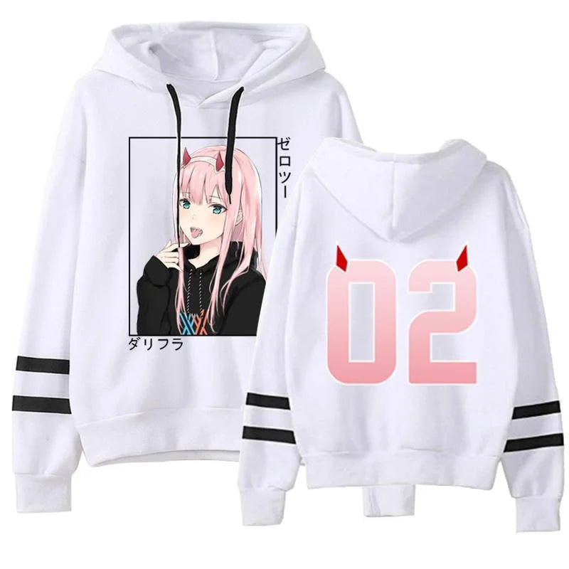 New Zero Two Striped Hoodies Women Fashion Fleece Long Sleeve Hooded Pullover Casual Streetwear Anime Sweatshirt