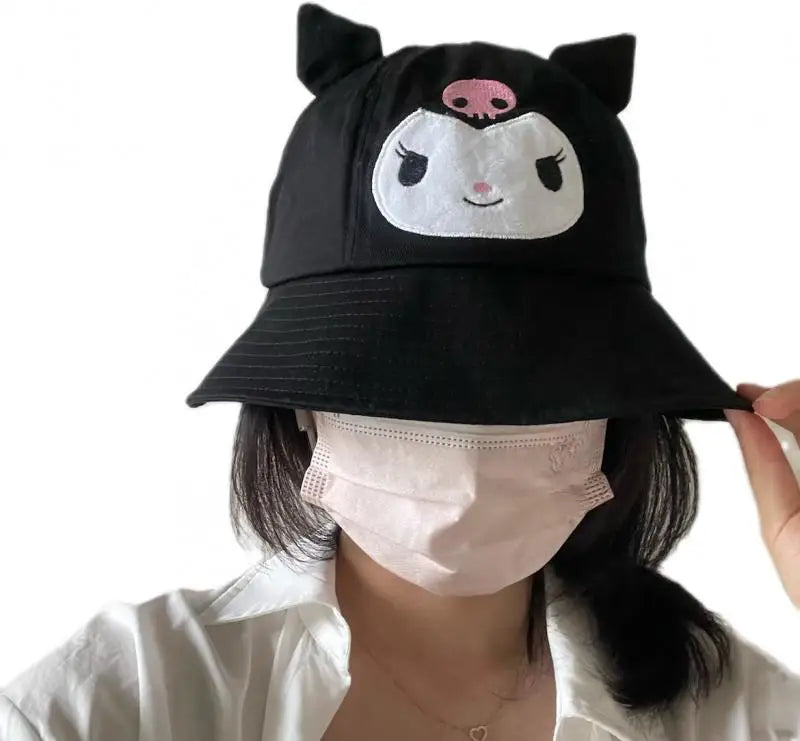 56-58Cm Sanrios Kawaii Cute Kuromi Cartoon Cotton Black Fisherman Hat Sun Hat Sunscreen Windproof Adjustable