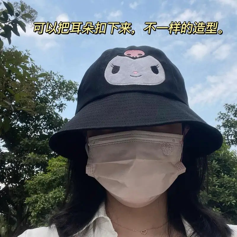 56-58Cm Sanrios Kawaii Cute Kuromi Cartoon Cotton Black Fisherman Hat Sun Hat Sunscreen Windproof Adjustable