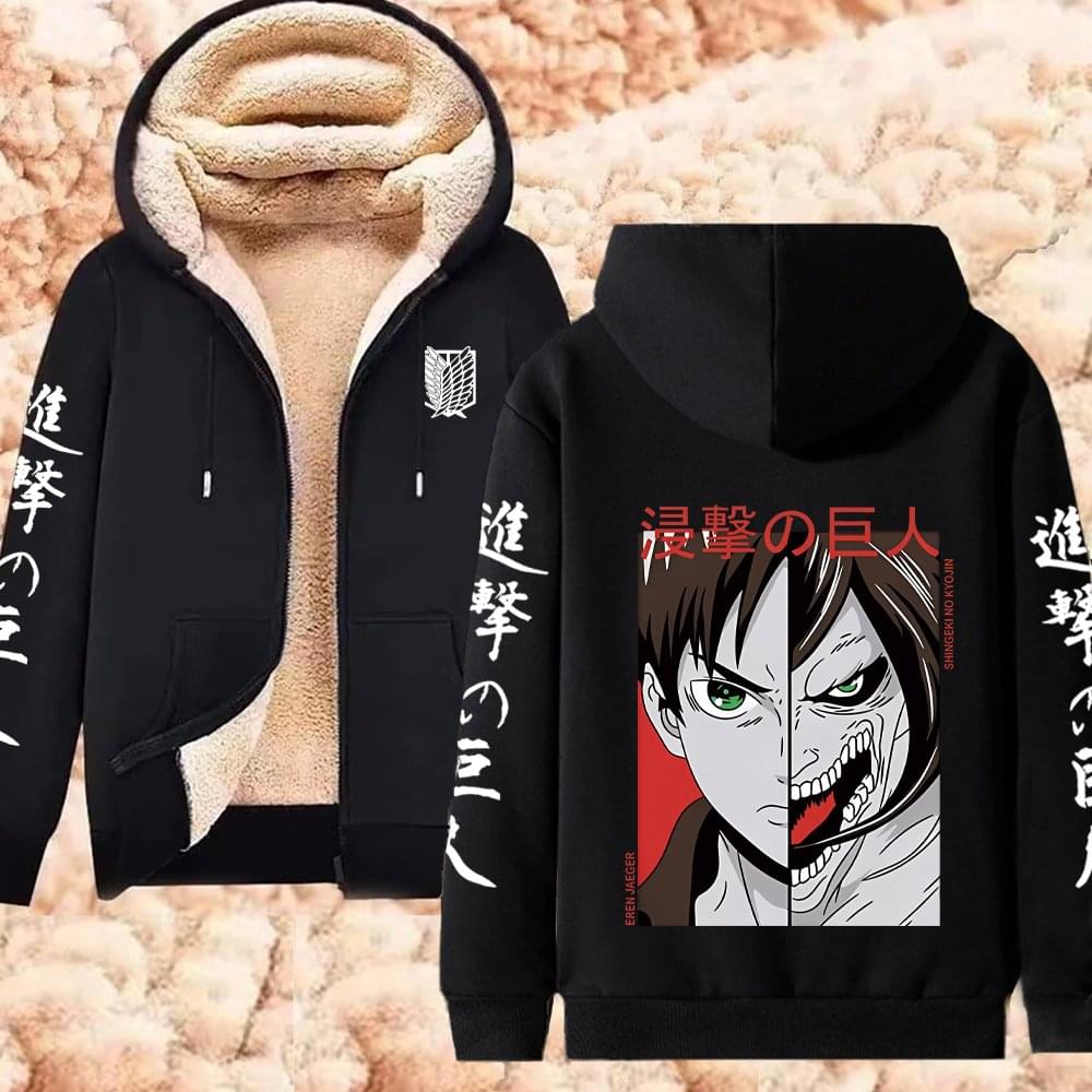 Winter Warm Hoodie Attack on Titan Hoodies (2)  Anime  Zipper Jackets Lambswool Thermal Sweatshirts Streetwear Plus Size