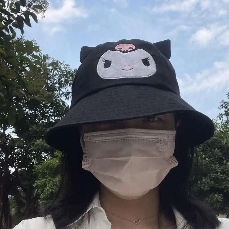 56-58Cm Sanrios Kawaii Cute Kuromi Cartoon Cotton Black Fisherman Hat Sun Hat Sunscreen Windproof Adjustable